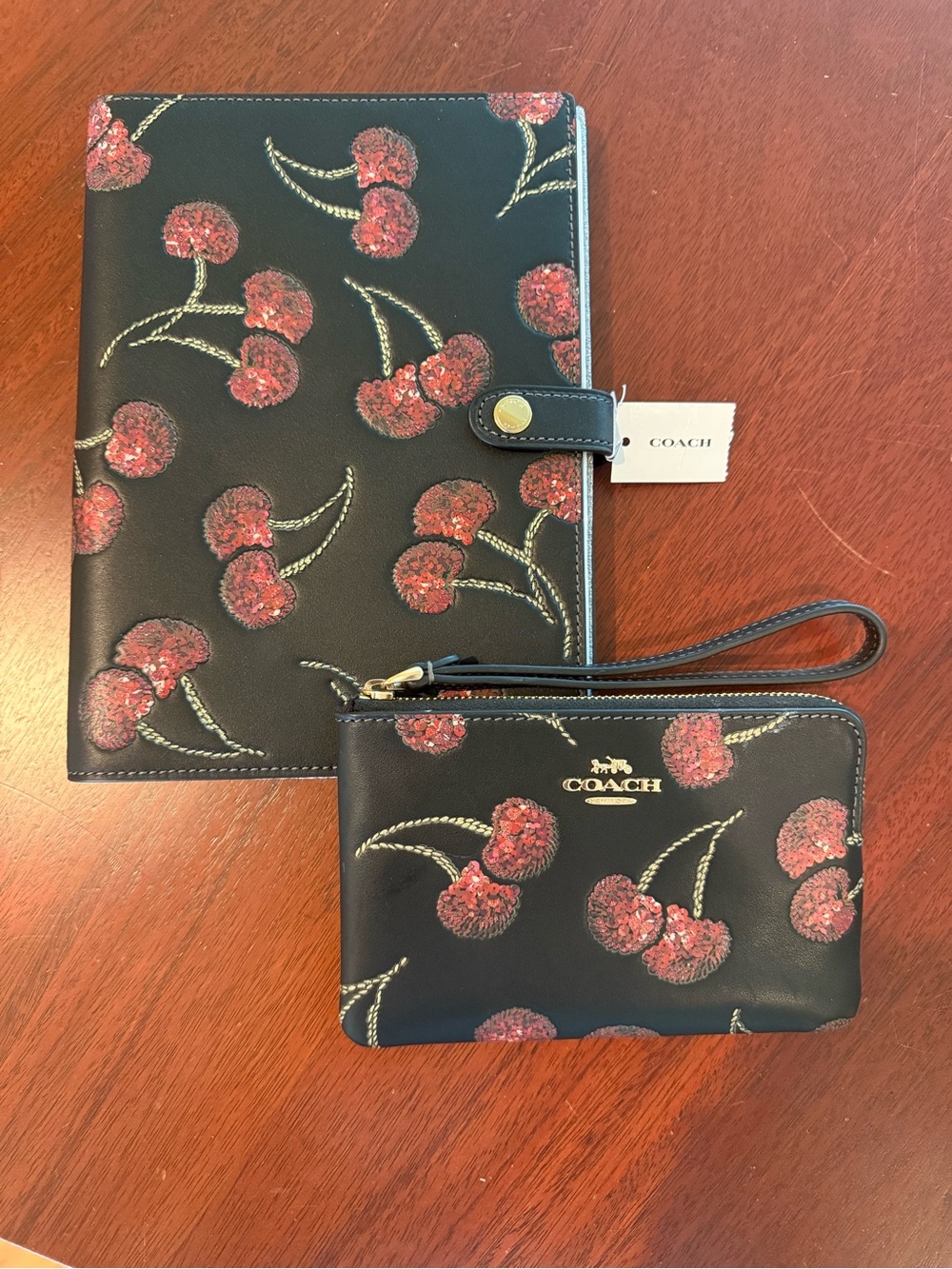 Coach Black Cherry-Print Wristlet and Notebook Folio Set